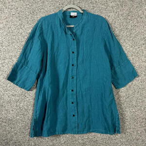 Lisa Bayne Women's Size Medium Blue 100% Linen 3/4 Sleeve Button Up Shirt